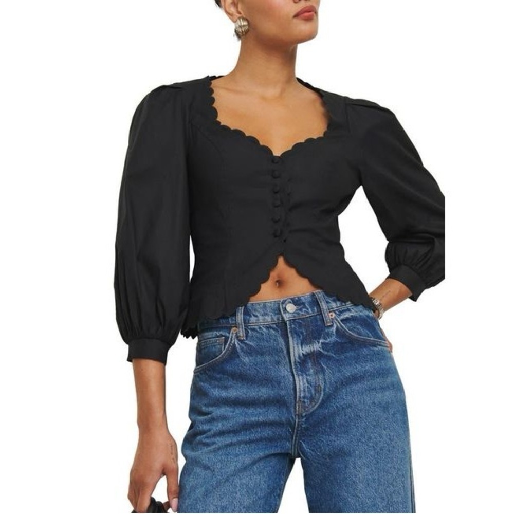 Reformation Black Scallop-Edge Button Front Blouse - Picture 2 of 13